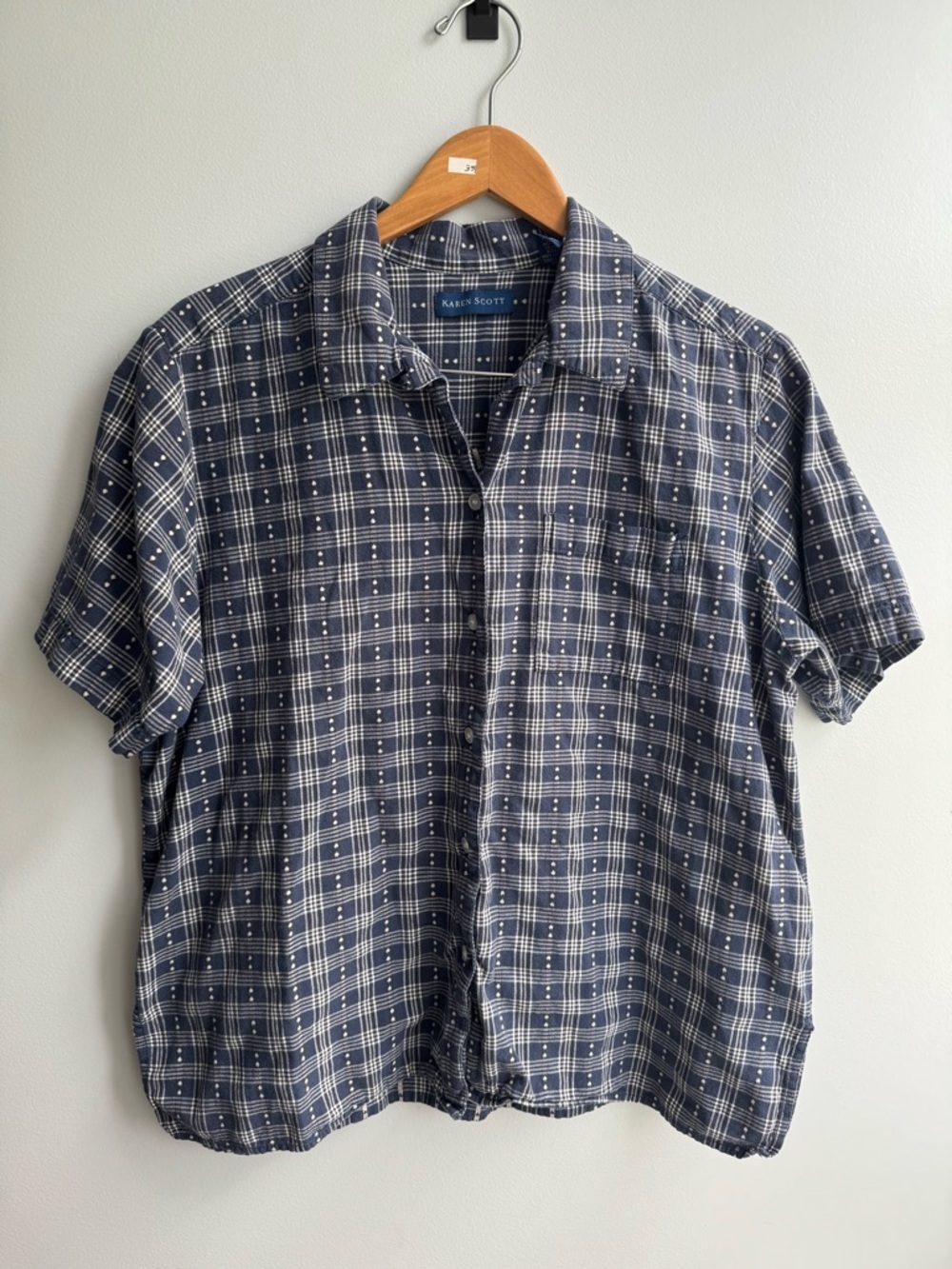 Karen Scott Navy and White Plaid Short Sleeve Button-Front Shirt